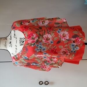Apt.9 |Women's Coral Orange Full Floral Chiffon Blouse Soft & Flowy Sz.M